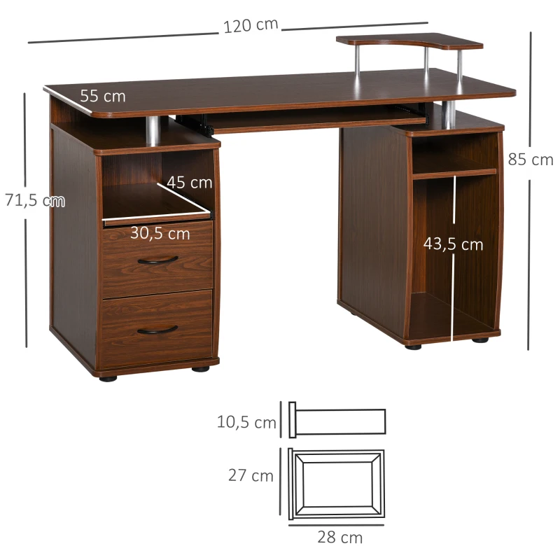 HOMCOM Secretária para computador com prateleiras múltiplas Bandeja para teclado Suporte para CPU e 2 gavetas 120x55x85 cm Marrom