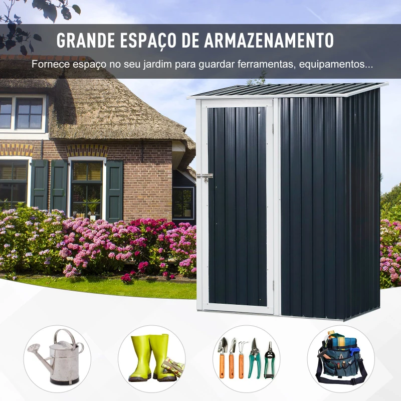 Outsunny Galpão de armazenamento para jardim armazém para ferramentas com telhado inclinado de aço galvanizado 143x89x186cm Cinza