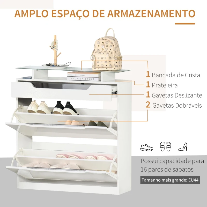 HOMCOM Móvel Sapateira de 2 Portas Sapateira Estreito para 16 Pares de Sapatos com Gaveta Prateleira Aberta e Bancada de Vidro para Corredor Entrada 89x23x96cm Branco
