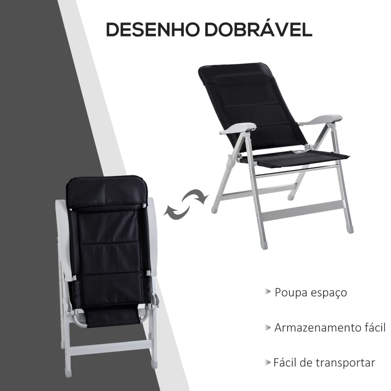 Outsunny Cadeira de jardim dobrável de alumínio com encosto alto ajustável de 7 posições e encosto de cabeça acolchoado 75x61,5x114,5 cm Preto