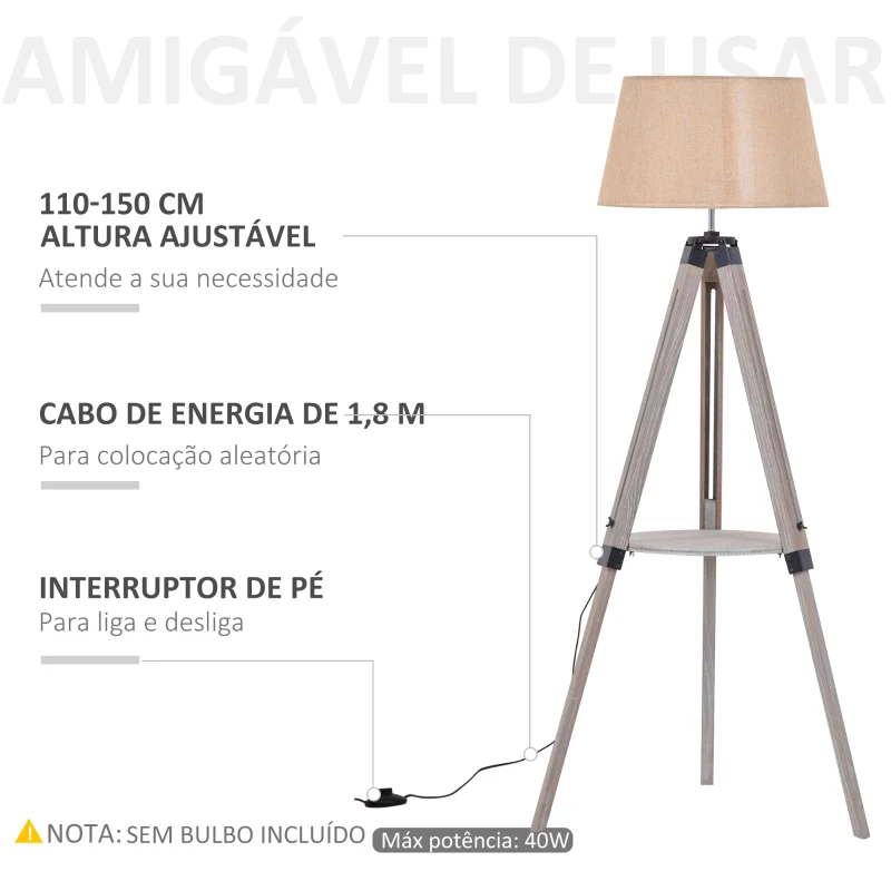 HOMCOM Lâmpada de assoalho com tripé com prateleira regulável em altura 63x63x110-150cm Bege
