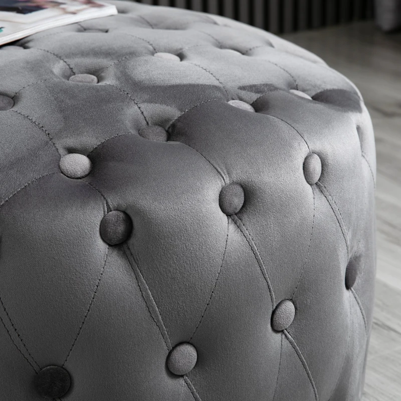 HOMCOM Tamborete estofado em veludo com botões Apoio para os pés acolchoado macio de desenho vintage Φ60x33 cm cinza escuro