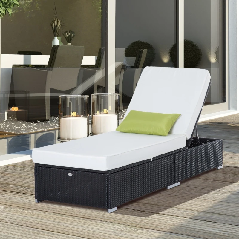 Outsunny Espreguiçadeira de vime preto creme Alumínio 1 espreguiçadeira Jardim + 1 Almofada 195x89x31 cm