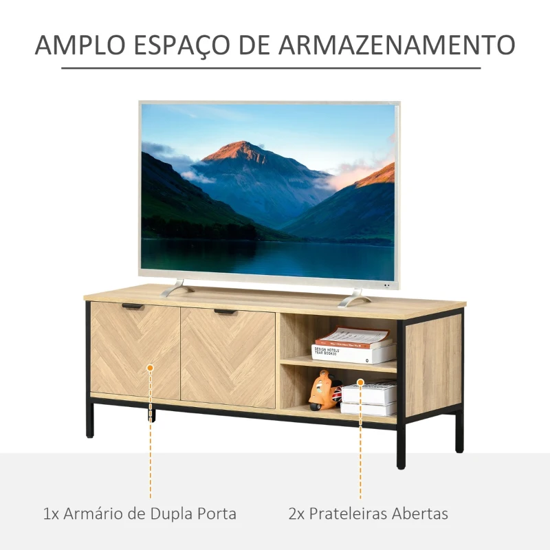 HOMCOM Móvel de TV de até 50” Móvel de Sala de Estar Moderno com Armário 2 Compartimentos Prateleira Ajustável e Pés de Metal 120x40x46cm Madeira Natural