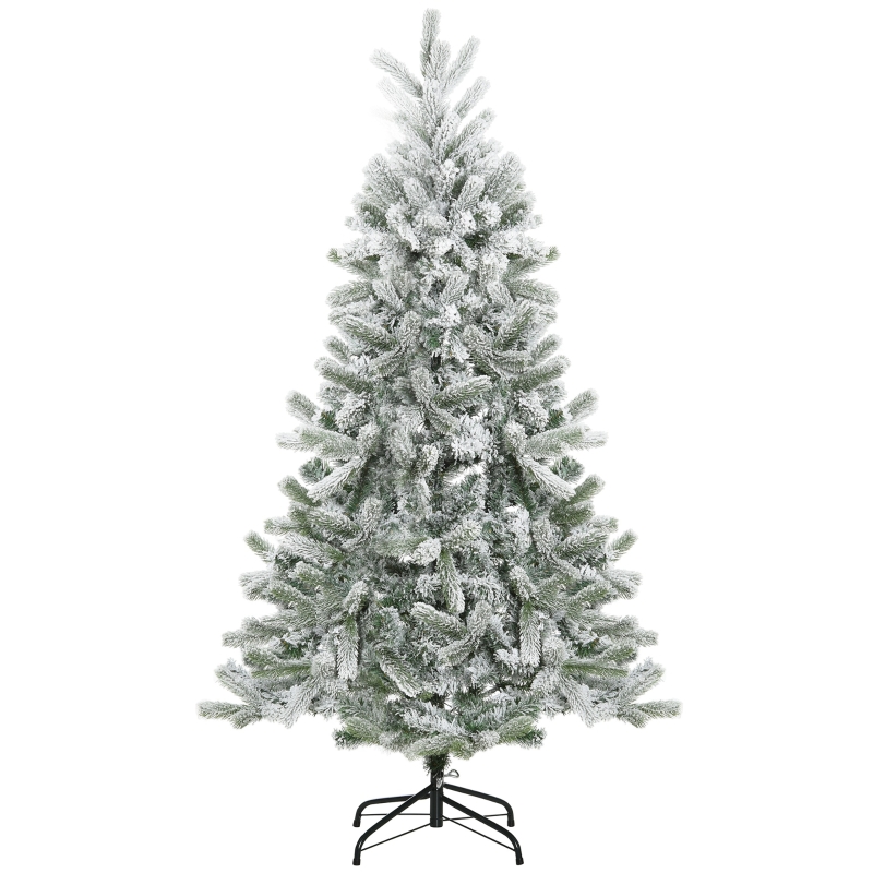 HOMCOM Árvore de Natal Nevada Artificial 150cm com 521 Ramos PVC e PE Base Dobrável e Suporte de Metal Decoração de Natal para Interiores Ø90x150cm Verde e Branco