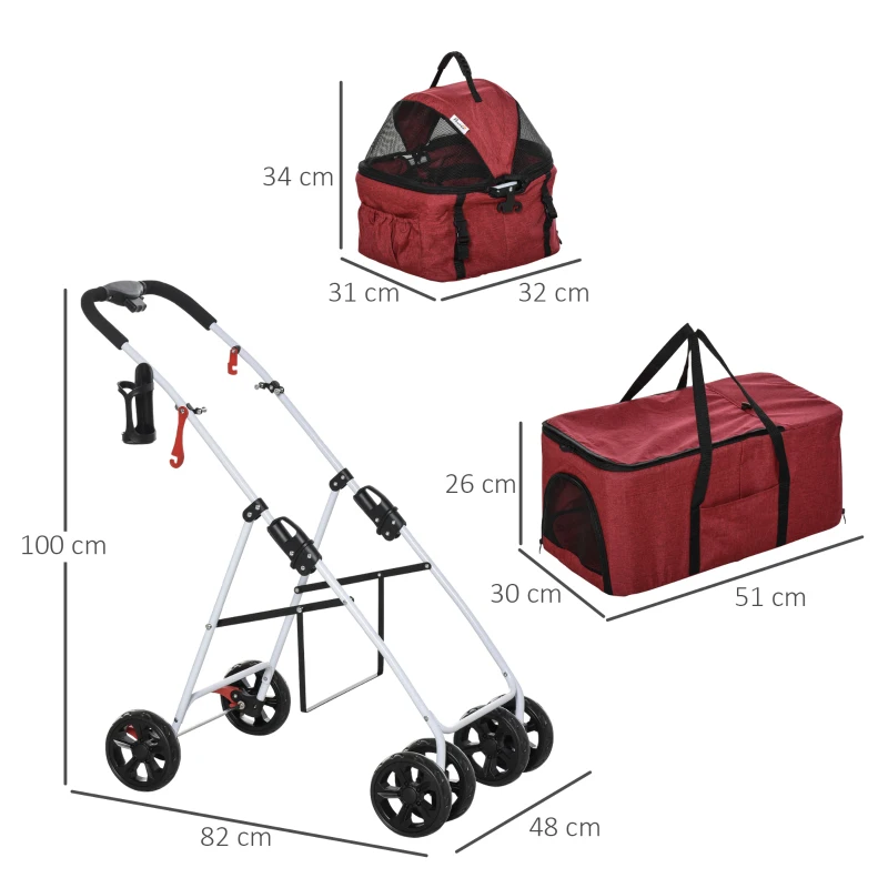 PawHut Carrinho dobrável para animais de estimação destacável com 2 níveis Rodas giratórias Janela freios  82x48x100 cm Vermelho