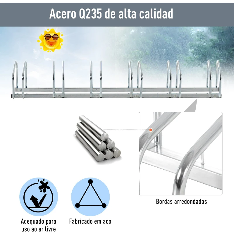 HOMCOM Estacionamento para 6 Bicicletas Suporte de Aço para Estacionar Bicicletas no Chão para Interior e Exterior 160x33x27cm Prata