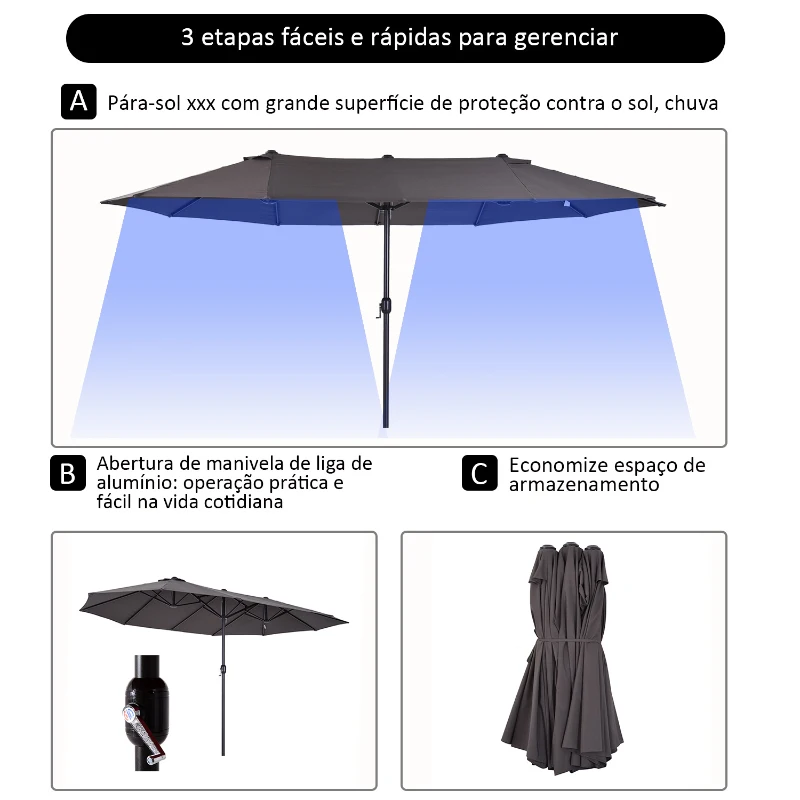 Outsunny Chapéu de Sol Duplo para Jardim 4,6x2,7x2,4m Chapéu de Sol Anti UV com Manivela para Exterior Cinza