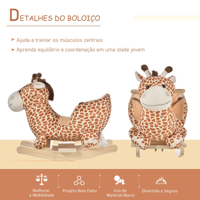 HOMCOM Baloiço para Crianças em Madeira com 32 Canções Cinturão de Segurança Girafa de Pelúcia 60x33x45 cm Marrom Claro