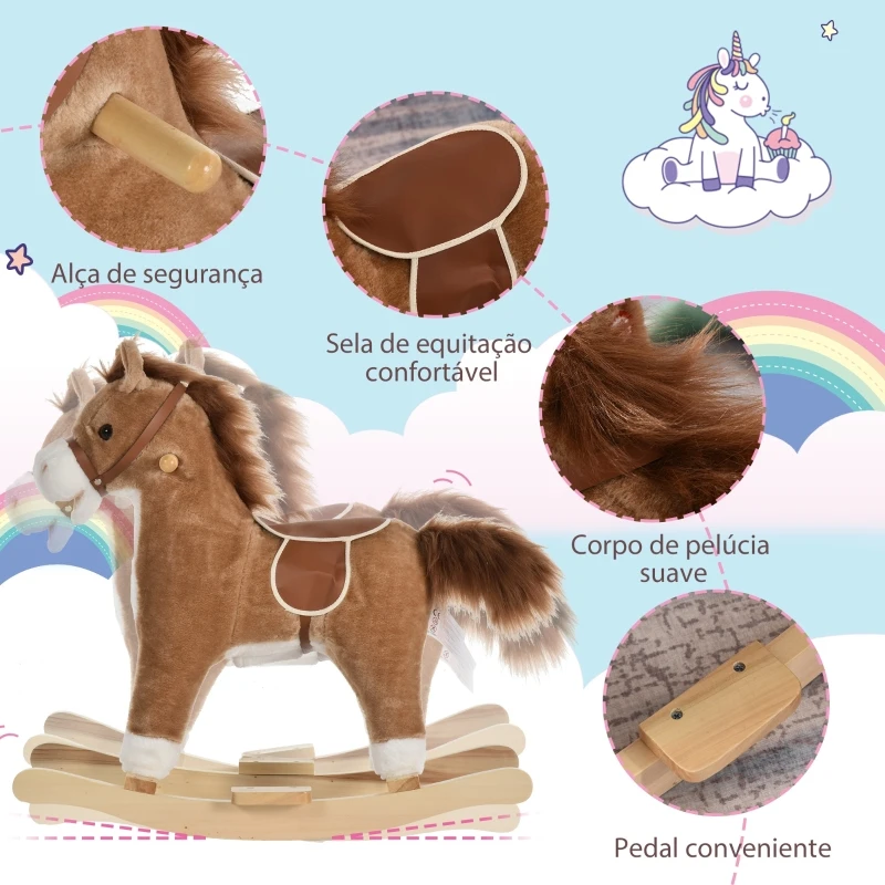 HOMCOM Cavalo Baloiço para Crianças Cavalo Baloiço de Pelúcia Suave com Música Relinchos Sons de Galope Boca e Cauda Móveis 65x32,5x61 cm Marrom