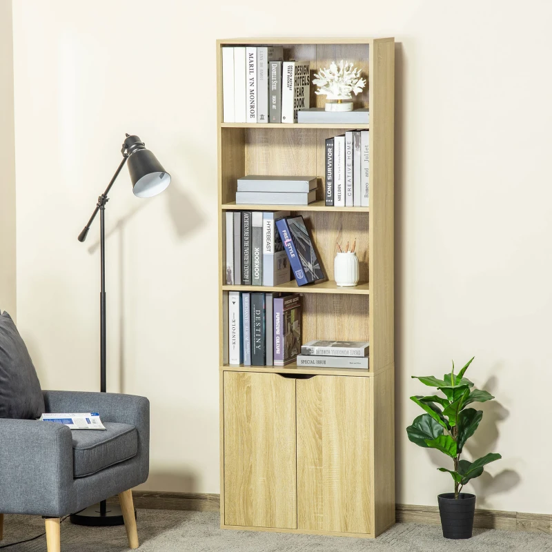 HOMCOM Estante para Livros com 4 Compartimentos Abertos e 1 Armário com 2 Prateleiras Armazenamento Livros Plantas para Sala de Estar Escritório 59x29x180cm Natural