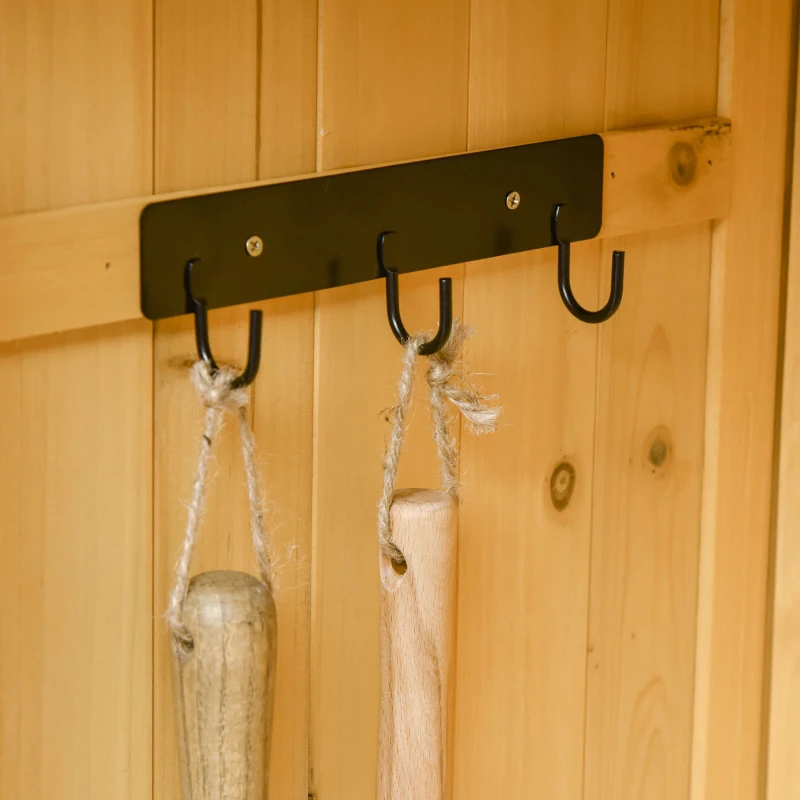 Outsunny Galpão de jardim de madeira com 2 portas 138x54,5x175 cm Galpão de armazenamento Ferramentas telhado de asfalto prateleiras Ganchos madeira natural