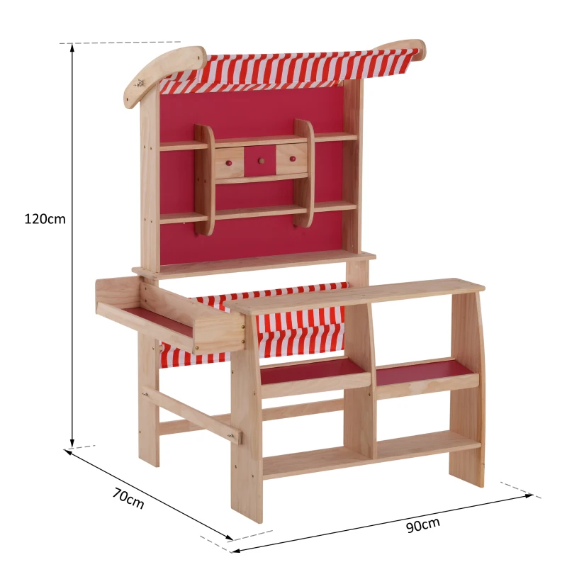 HomCom Loja de Brincar Madeira Suporte Posto de Mercado de Brincar para Crianças +3 Anos Revestimento Vermelho 90x70x120cm