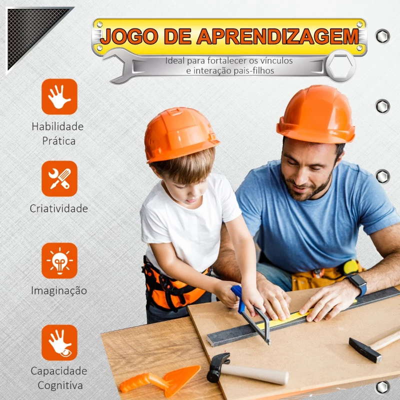 HOMCOM Bancada de Ferramentas para Crianças acima de 3 Anos Inclui 55 peças com Berbequim Elétrico Chave Inglesa Alicates Brinquedo de Aprendizagem 69x26,5x75cm Multicor