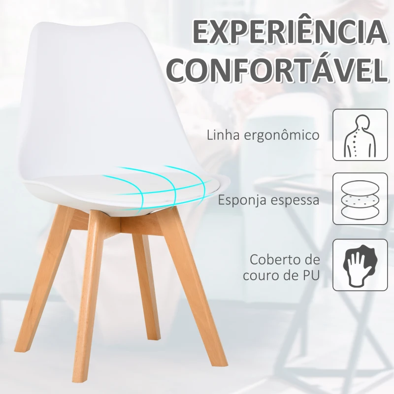 HOMCOM Conjunto de 2 cadeiras de jantar com pés de madeira maciça 47x55x80 cm Branco