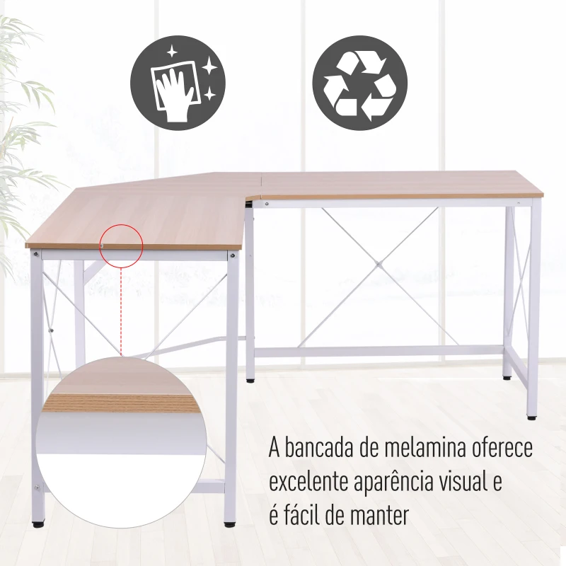HOMCOM Secretária em Forma de L Secretária para Escritório com Estrutura de Metal Secretária de Canto 150x150x76 cm Branco e Madeira