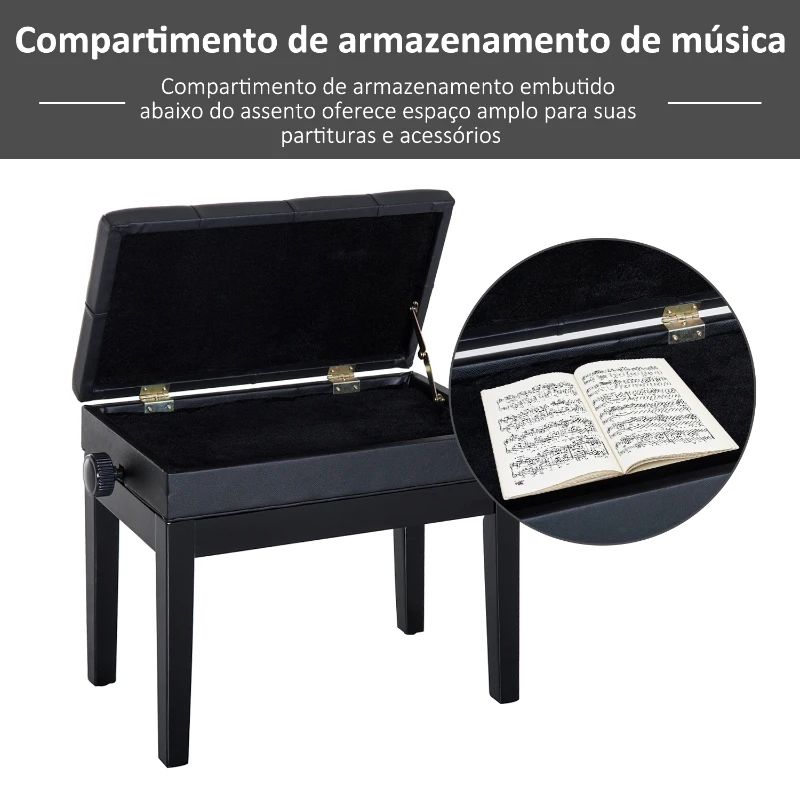 HOMCOM Banco de Piano com Espaço de Armazenamento Altura Ajustável com Assento Acolchoado Carga 200 kg 54,5x33x48-58 cm Preto