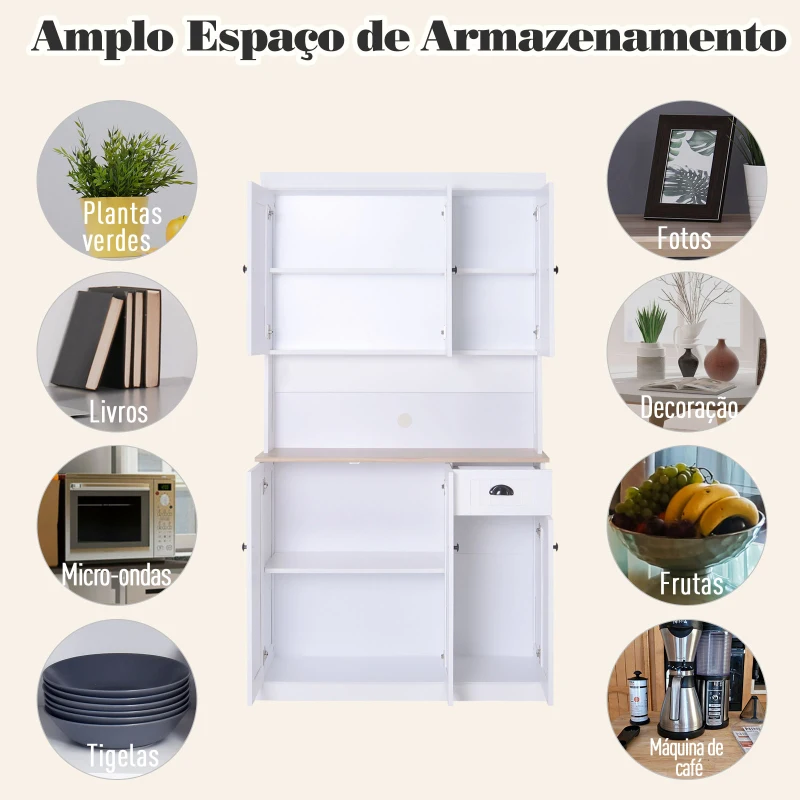 HOMCOM Armário de cozinha com 7 Prateleiras e uma Gaveta Removível 4 Portas com Prateleiras Ajustáveis 101x39x18cm Madeira