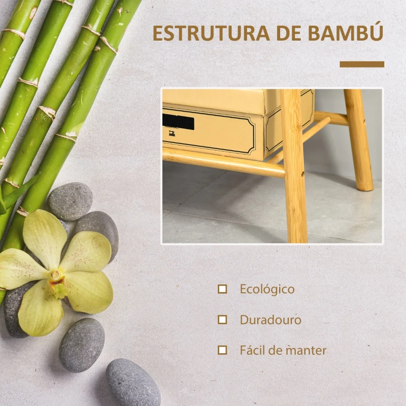 HOMCOM Banco Sapateiro Moderno Móvel de Entrada de Bambú com Assento Acolchoado e Prateleira para Sapatos 90x34x44cm Cor Natural e Cinza