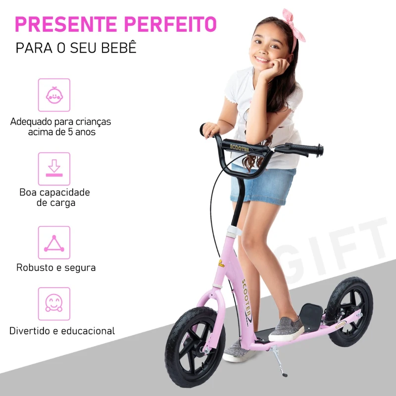 HOMCOM Trotinete para Crianças acima de 5 anos Scooter de 2 Rodas Grandes de 12 Polegadas com Freio e Guidão Ajustável em Altura Carga Máx. 100kg 120x52x80-88cm Rosa