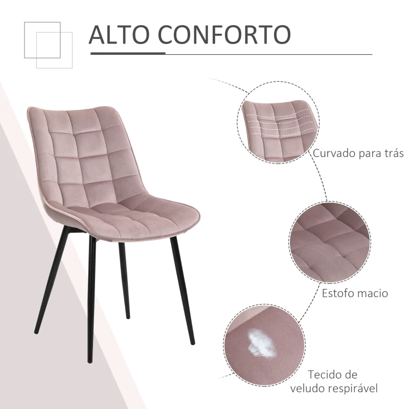HOMCOM Conjunto de 2 cadeiras de jantar estofadas de veludo acolchoadas com pernas de metal estilo nórdico e vintage 46x58,5x85,5 cm rosa