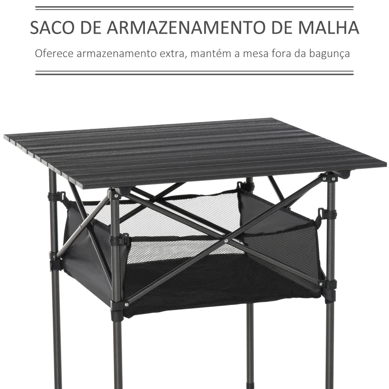 Outsunny Mesa de camping dobrável amplo espaço de armazenamento com malha e bolsa de transporte 70x70x69 cm Preto