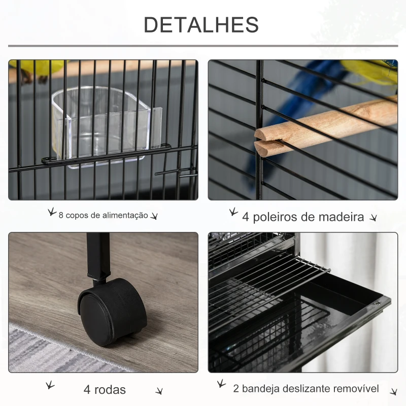 PawHut Grande gaiola de pássaros de 2 andares com rodas 8 alimentadores 4 poleiros e bandejas removíveis 71,5x72x170 cm Preto