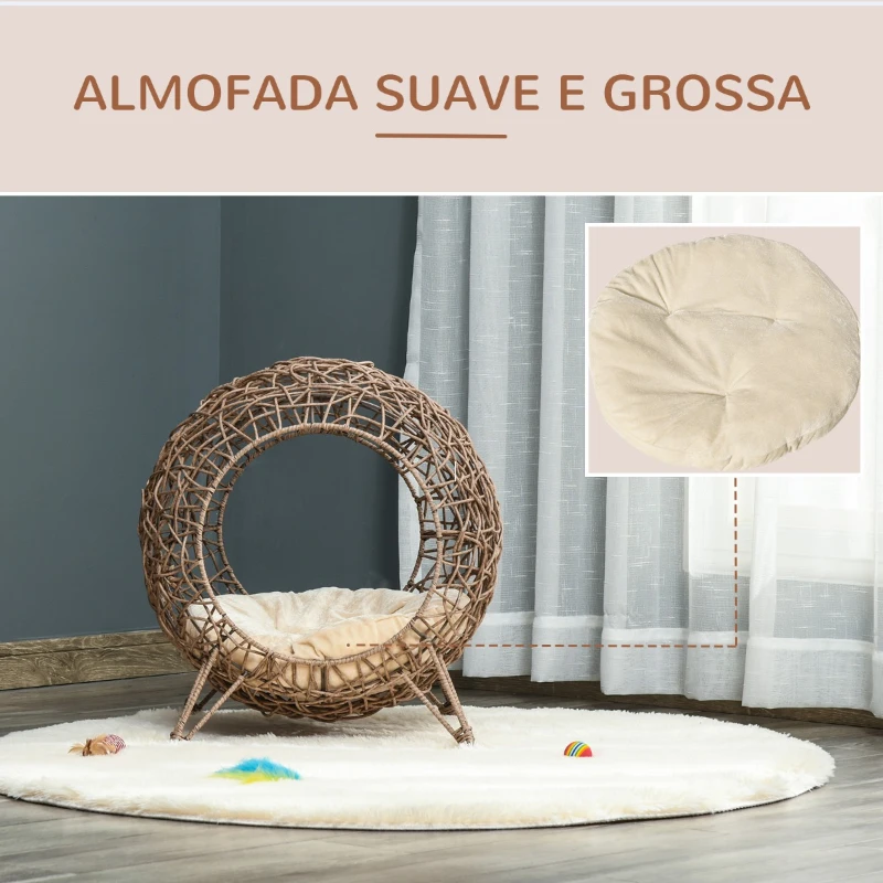 PawHut Cama Caverna de vime para Gatos Cesta para Animais de Estimação Pequenos com Base Tripé Almofada Suave 2 Entradas Desenho Elevado Ø50x56cm Caverna Marrom e Almofada Bege