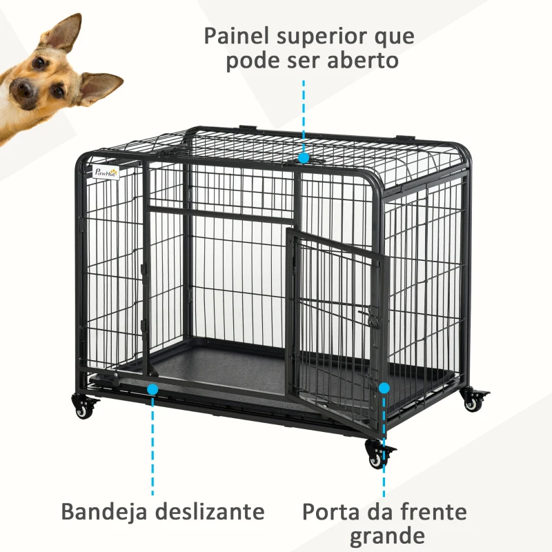 PawHut Gaiola de metal dobrável para cães com rodas e freios Bandeja removível e porta com travas  109,5x71x78 cm Cinza escuro