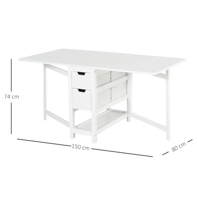 HOMCOM Mesa de jantar extensível com 2 gavetas 1 prateleira Carga 50 kg 150x80x74 cm Branco