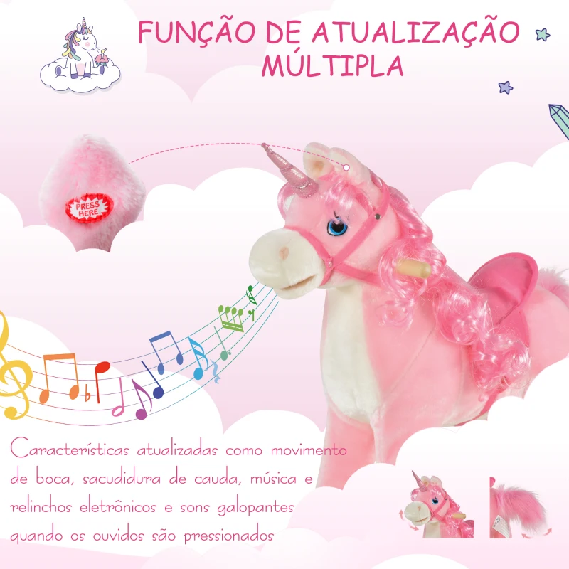 HOMCOM Cavalo Balanço de unicórnio para bebê acima de 36 meses com sons 74x33x62 cm rosa