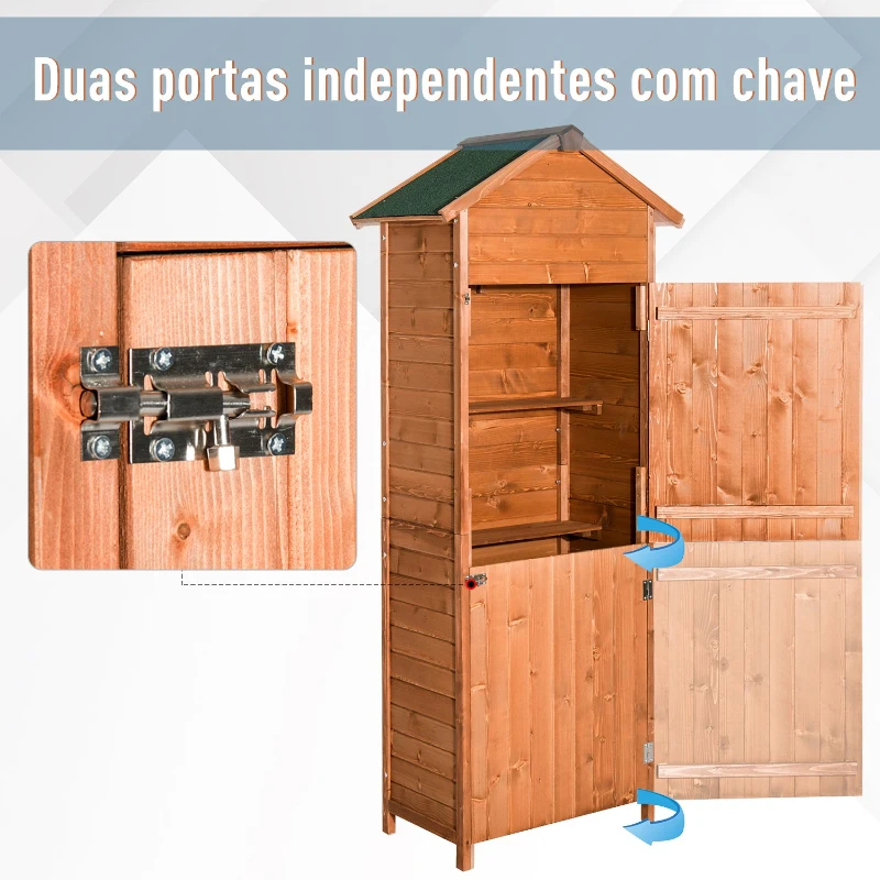 Outsunny Armário de Jardim de Madeira 79x49x190 cm 0,288 m² Abrigo de Armazenamento de Ferramentas com Teto Asfáltico 3 Prateleiras e 2 Portas com Fechadura para Exterior Terraço Madeira