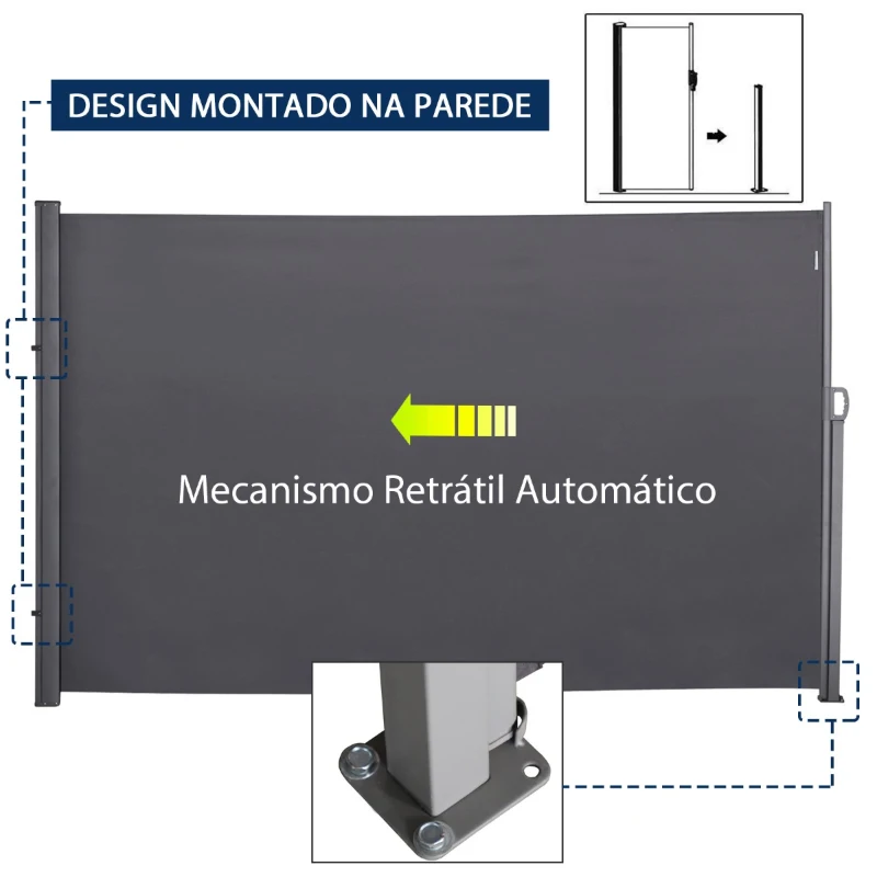 Outsunny Toldo Lateral Retrátil para Terraço Pátio ou Jardim Toldo de Privacidade para Exterior Dobrável 300x180cm Cinza