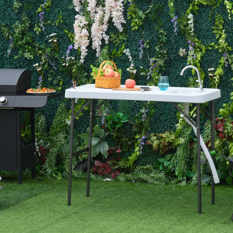 Outsunny Mesa de piquenique dobrável com torneira de pia e pistola de irrigação extensível  114,5x59x94,5 cm Branco
