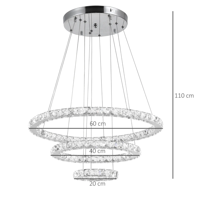 HOMCOM Lustre Luminária Pendente de Cristal Moderno Lâmpada Pendurada LED 4000K Luz Branca para Salão Sala de Jantar Ф60x110 cm