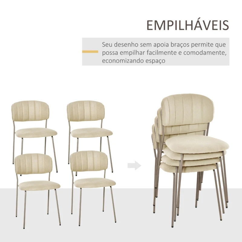 HOMCOM Conjunto de 4 Cadeiras de Sala de Jantar Empilháveis com Pés de Metal Estilo Moderno Nórdico para Cozinha Bar Restaurante Carga Máx. 100kg 49,5x55x81cm Bege