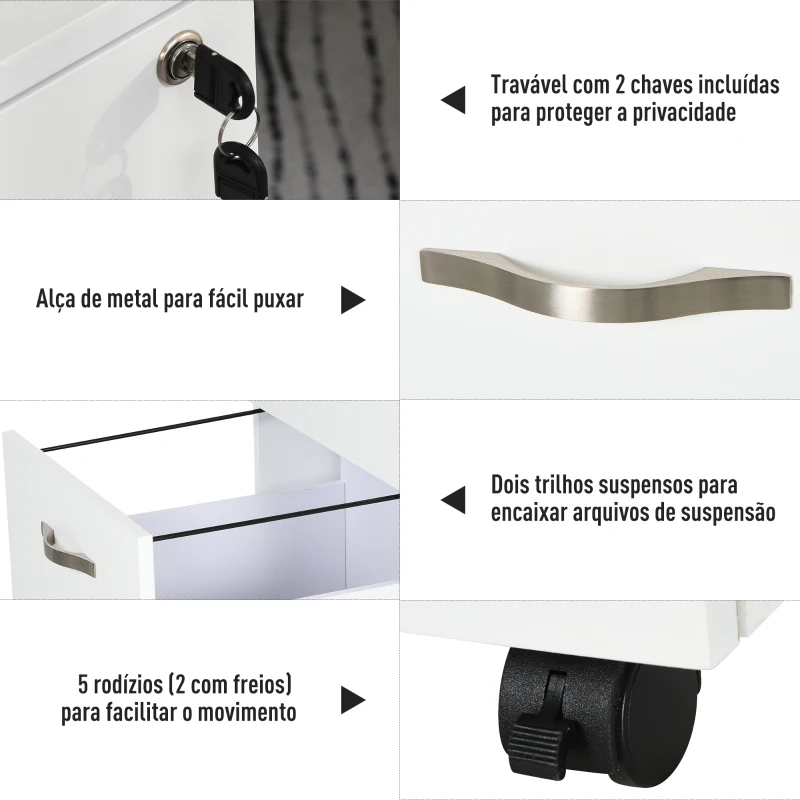 HOMCOM Bloco de Gavetas para Escritório Móvel de Arquivos com 5 Rodas Fechadura para Secretária Casa 40x45.5x52.5 cm Branco