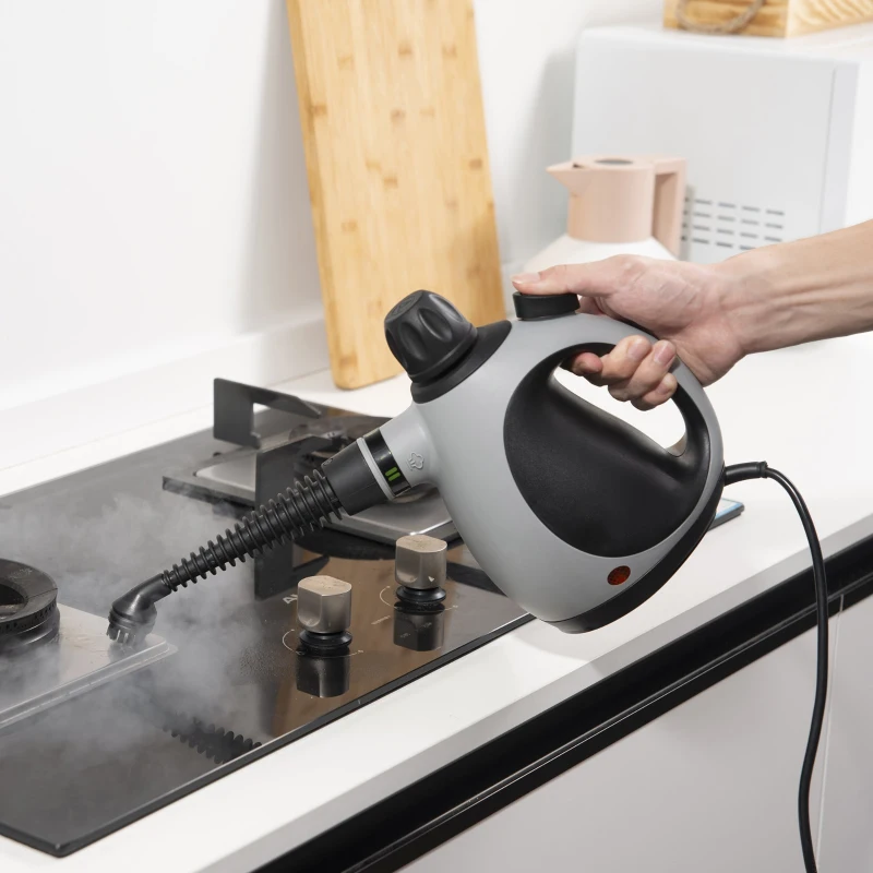 HOMCOM Limpador a Vapor Portátil 1050W Vapor de Limpeza de Pressão com Tanque de 350ml e 9 Acessórios Multiuso para Sofá Assento Carro Cozinha 30x15x21cm Preto e Cinza