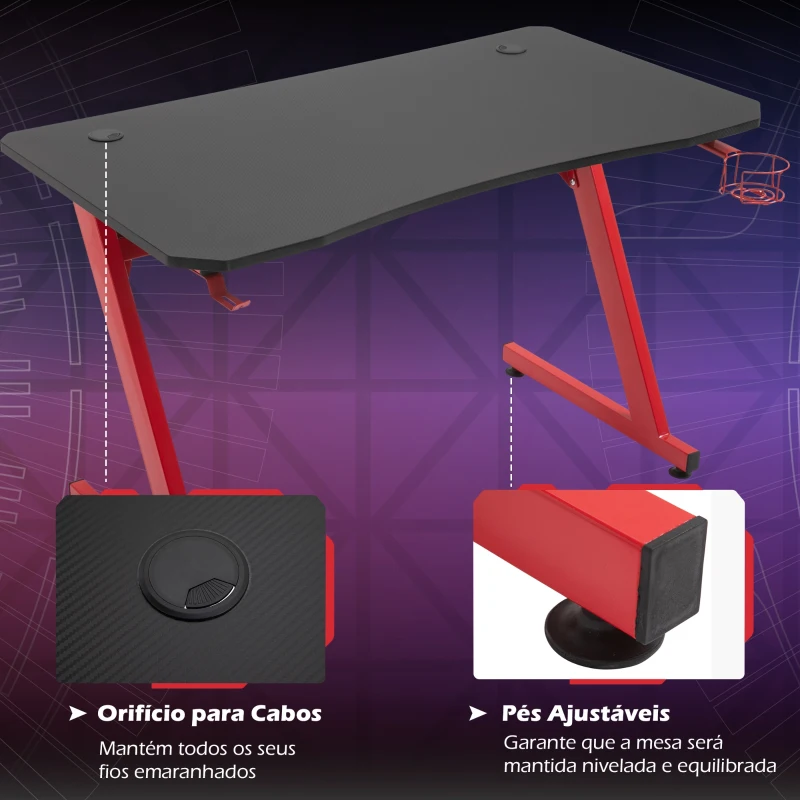 HOMCOM Secretária gaming com suporte de copo Gancho Almofadas 120x65x74,5 cm