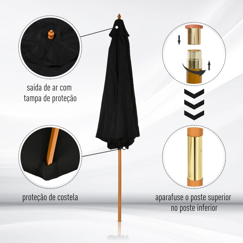 Outsunny Chapéu de Sol de Jardim Ø300x250cm com Sistema de Polia Teto Ventilado e Mastro Desmontável de Madeira para Terraço Pátio Exterior Preto