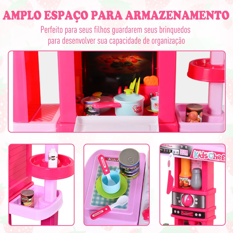 HOMCOM Cozinha para Crianças acima de 3 Anos Cozinha Infantil com 38 Acessórios Luz Som 78x29x87 cm Rosa