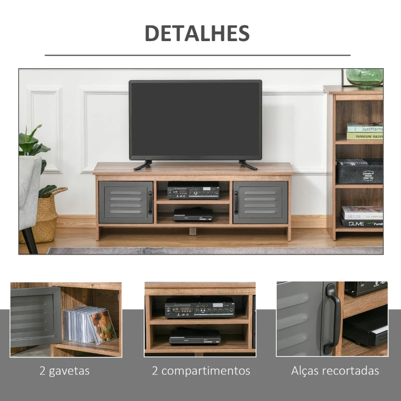 HOMCOM Armário de TV para televisores de 42"com 2 compartimentos fechados com portas de metal e 2 estantes 109x35x38 cm Madeira natural e cinza