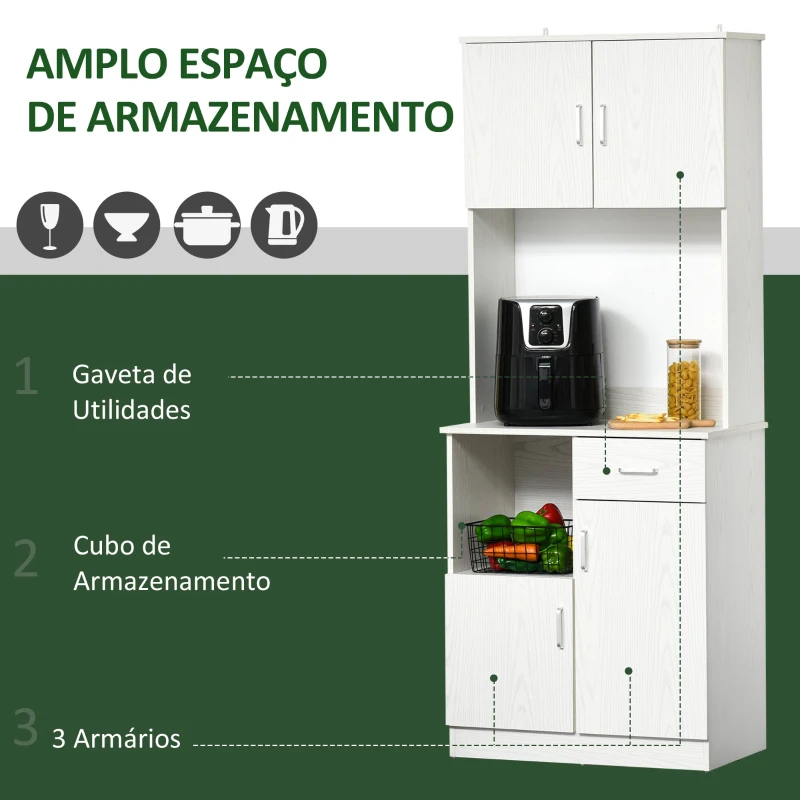 HOMCOM Armário Auxiliar de Cozinha com 3 Portas de armário Prateleira Ajustável Gaveta e estante Aberta 71x41x178 cm Branco