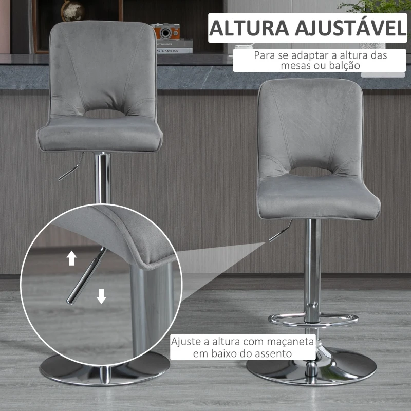 HOMCOM Conjunto de 2 Bancos de Bar Cadeiras Altas com Altura Ajustável e Giratórios com Estrutura de Metal e Apoio para os Pés 41x51x97-117cm Cinza