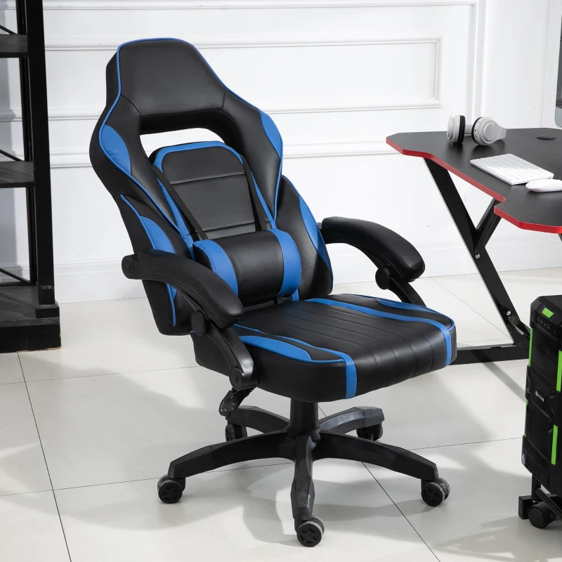 Vinsetto Cadeira gaming para escritório ergonômica reclinável até 135 ° com encosto alto Apoio de braço ajustável 64x69x119-129 cm preto e azul