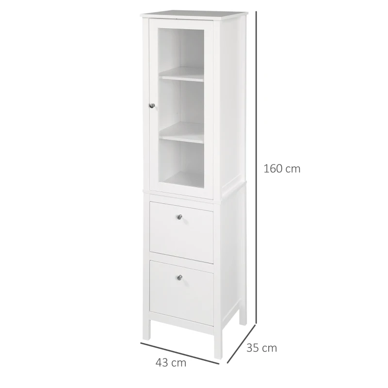 Kleankin Armário alto para banheiro Armário com 1 porta de vidro prateleiras ajustáveis  e 2 gavetas 43x35x160 cm Branco