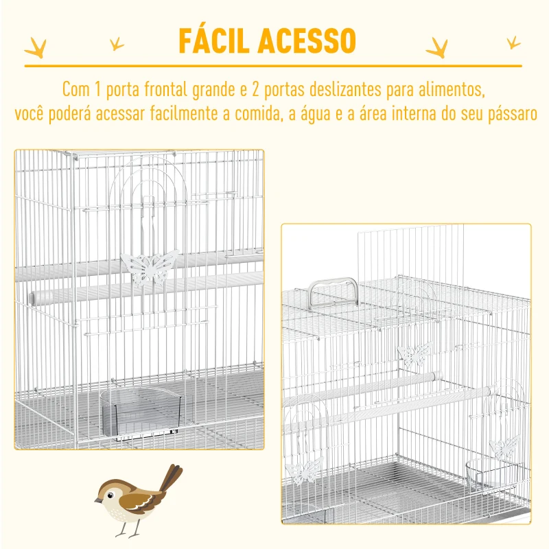 PawHut Gaiola para pássaros 60x41x41cm Aviário com 2 poleiros e 3 portas para pássaros pequenos Canários Papagaios de metal branco