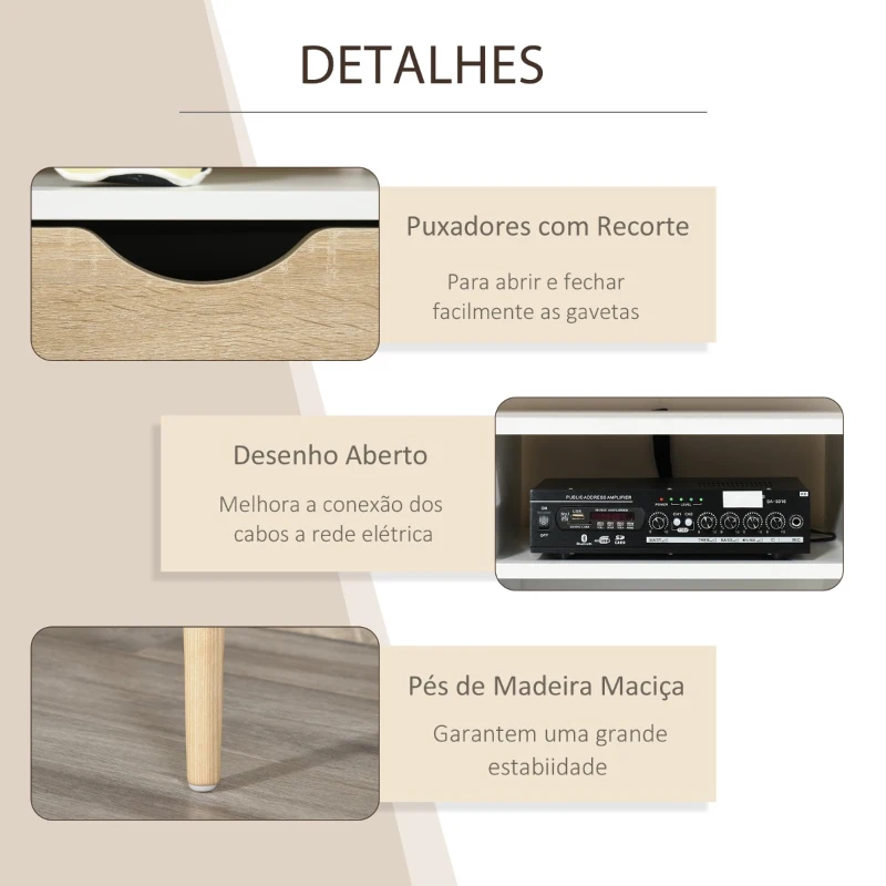 HOMCOM Móvel de TV com 2 Gavetas e 4 Compartimentos Pés de Madeira Dispositivo Anti Rolamento para Sala de Estar 117x39x57cm Branco e Madeira Natural