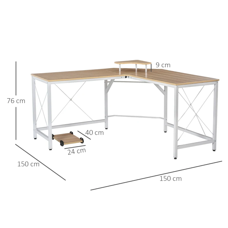 HOMCOM Secretária de Escritório em Forma de L Secretária com Suporte para CPU e Estrutura de Reforço em Forma de X 150x150x76cm Madeira e Branco
