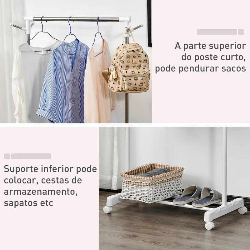 HOMCOM Charriot com Altura Ajustável Cabide com Rodas Portátil Prateleira Inferior Aço 68,5x42x87-145cm Branco e Prata
